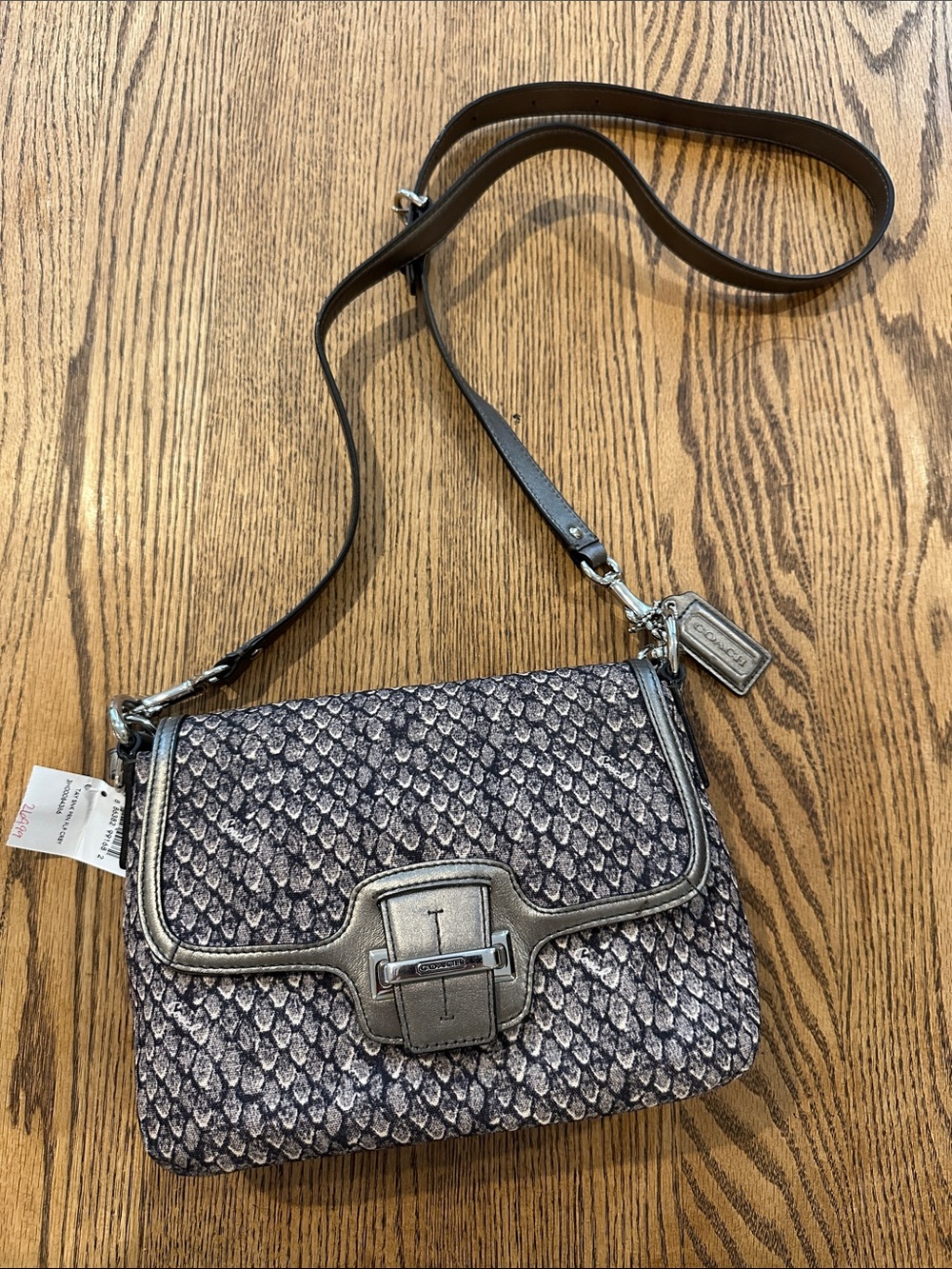 Coach “Taylor” Metallic Silver and Black Snakeskin-Effect Crossbody Bag